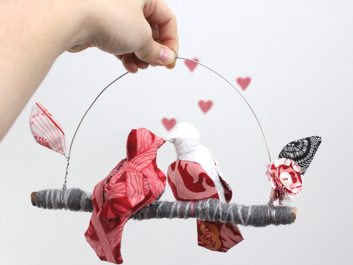 Modern Love Bird Mobile - "2 little lovebirds sitting in a tree K-I-S-S-I-N-G" in rose red, ebony black, snow white, and gray