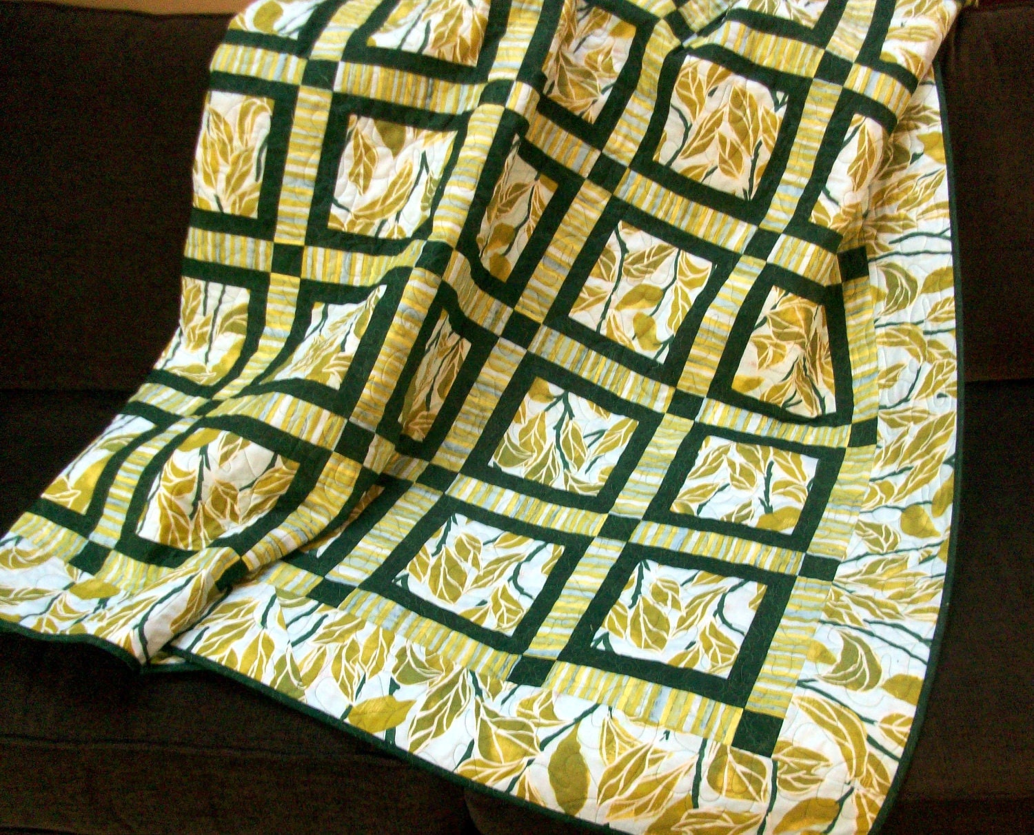 Geometric modern  lap quilt throw greens and blues  63" X 71"