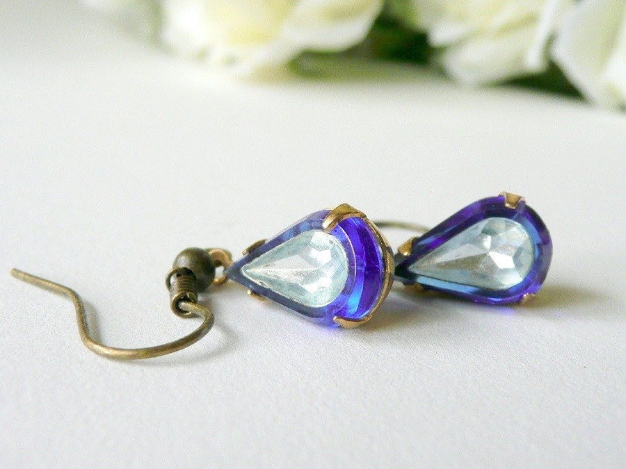 Earrings - Vintage Sapphire Blue and Clear Rhinestone Tear Drops