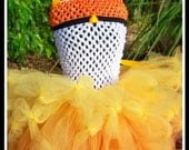 CANDY CORN SWEETIE Crocheted Tutu Dress with Matching Candy Corn Beanie Cap - Small 12/18mos