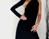 Womens Black Dress One Shoulder Sleeve A Line Midi Dress - Free US Shipping - Donation to UNICEF - Item MM-DRT13-1.1B04