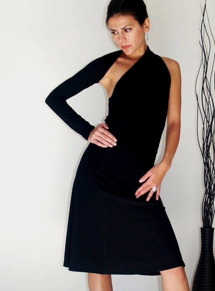 Womens Black Dress One Shoulder Sleeve A Line Midi Dress - Free US Shipping - Donation to UNICEF - Item MM-DRT13-1.1B04