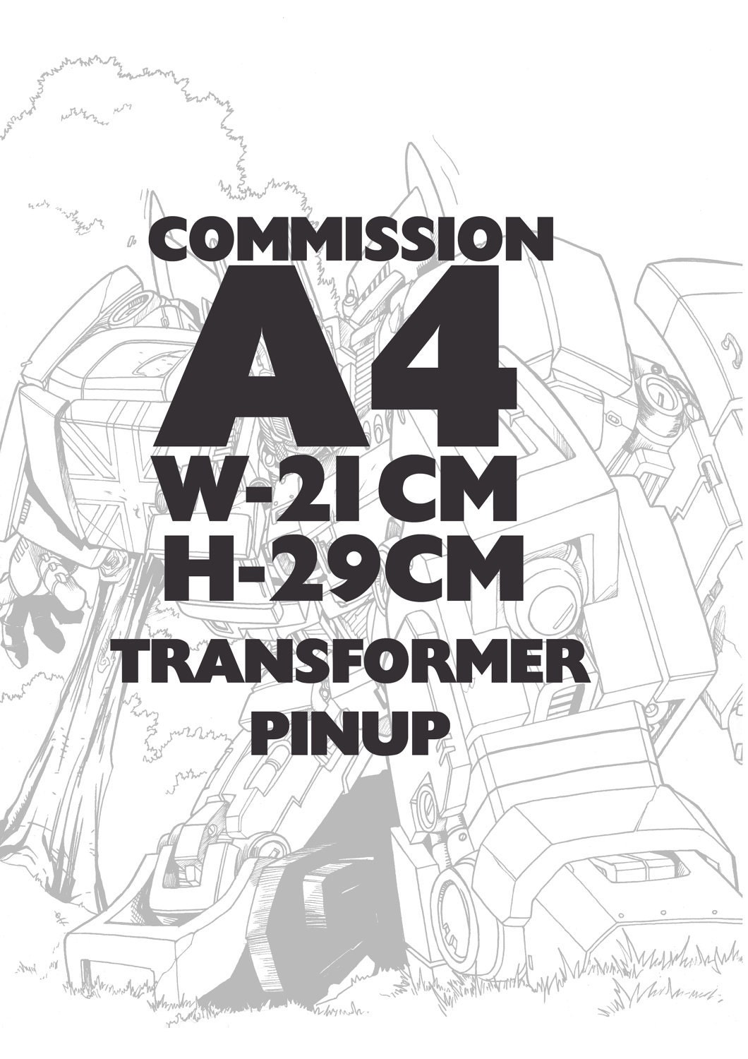 Original A4 Black and White Transformers Pinup Artwork Commission by Comic Book artist Boo