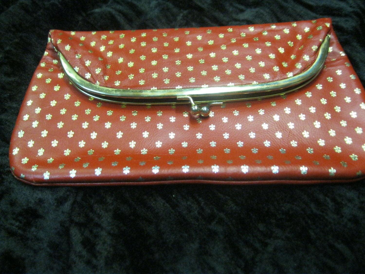 Red Leather  w Fleur de Lis Gold Print Clutch Bag  Italy