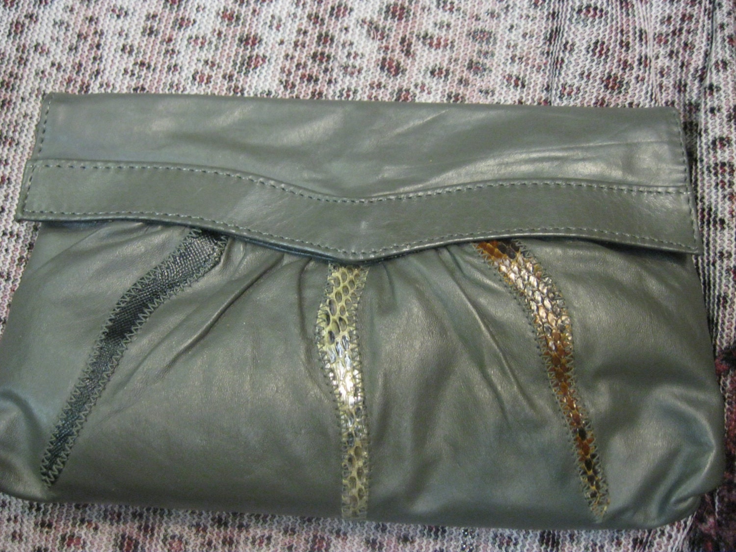 Vintage Grey Gray Leather Envelope Clutch Crossbody Purse