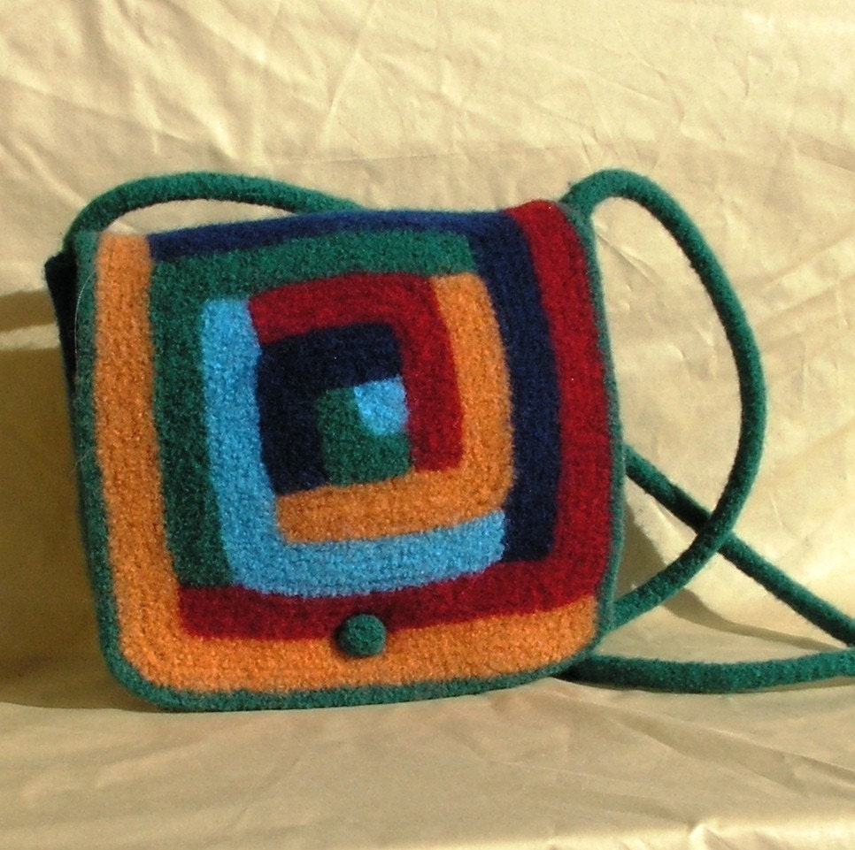 Purse - Log Cabin Felted - messenger style bag with shaped sides - handmade