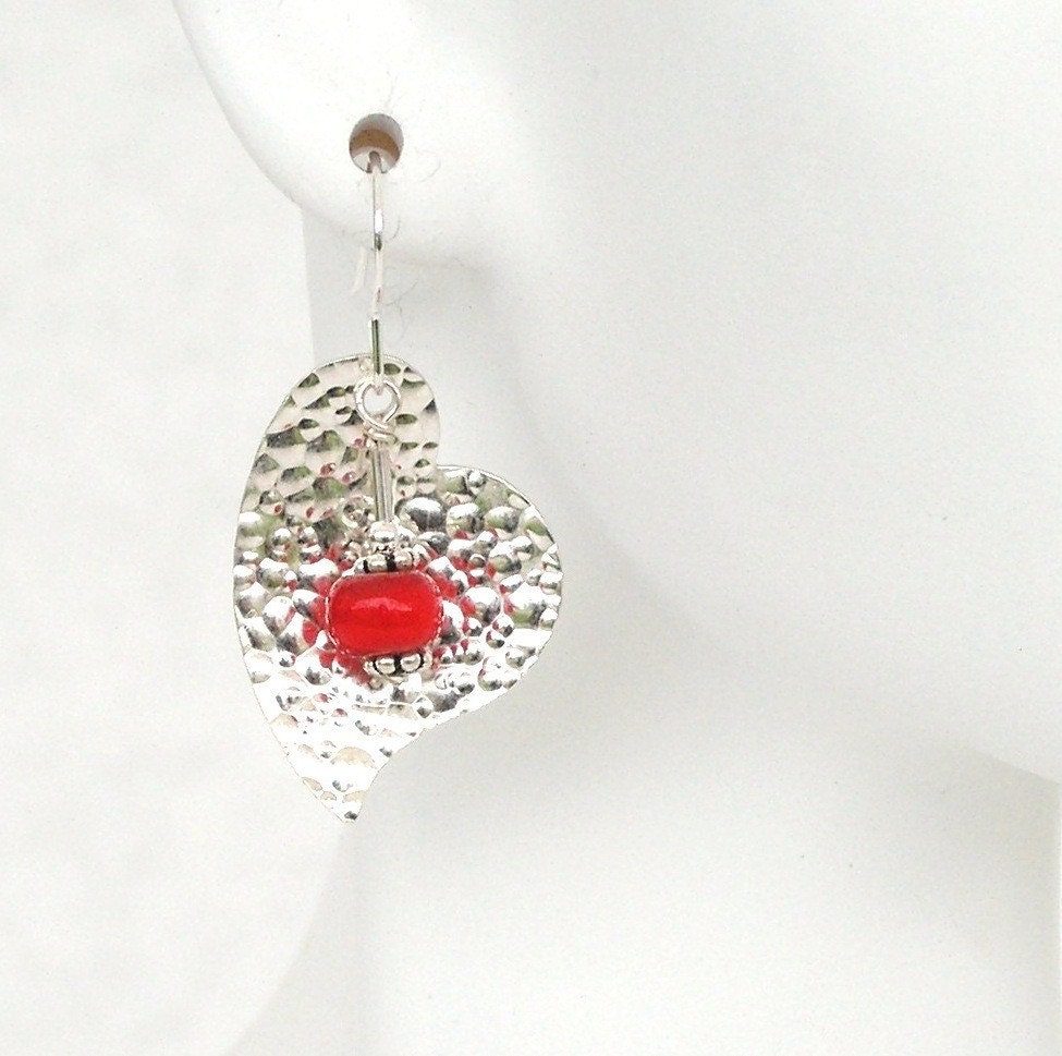 Earrings - Hammered Sterling Silver Heart  and Trade Beads