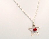 Necklace - Antique Red Whiteheart Trade Bead in Sterling Silver Star - 1800's