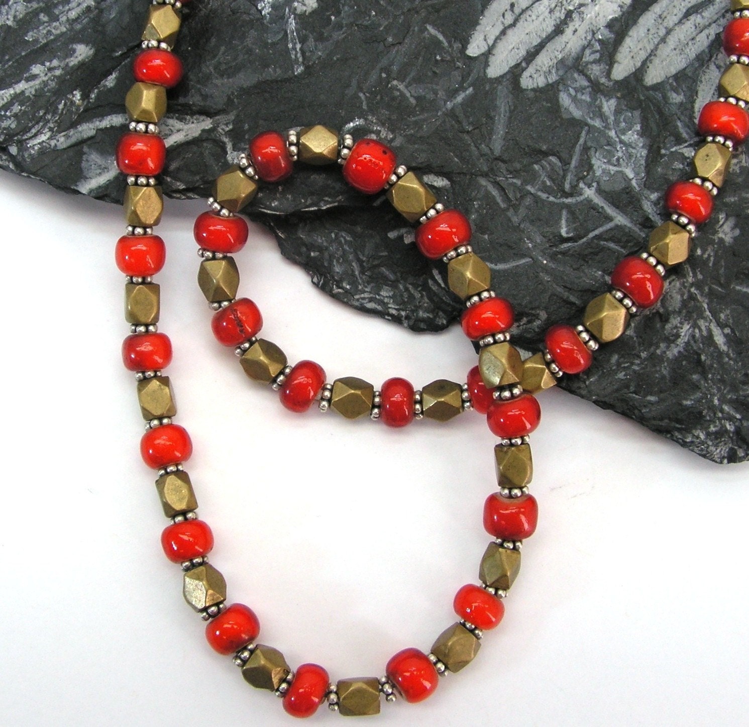 Necklace - Antique Trade Bead - Red Whitehearts, 1800's