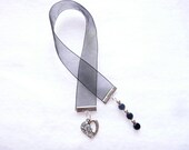 Sheer Black Ribbon Bookmark With Silver Heart & Beads (C4)