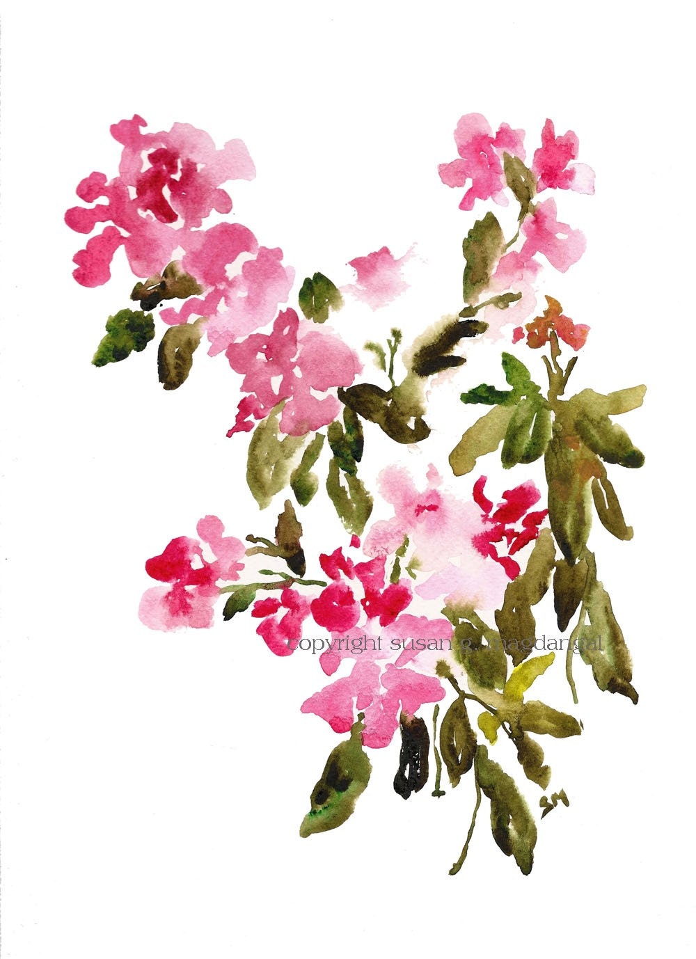 Pink Cascade 2, Fine Art Print from Watercolor Painting, Watercolor Flowers