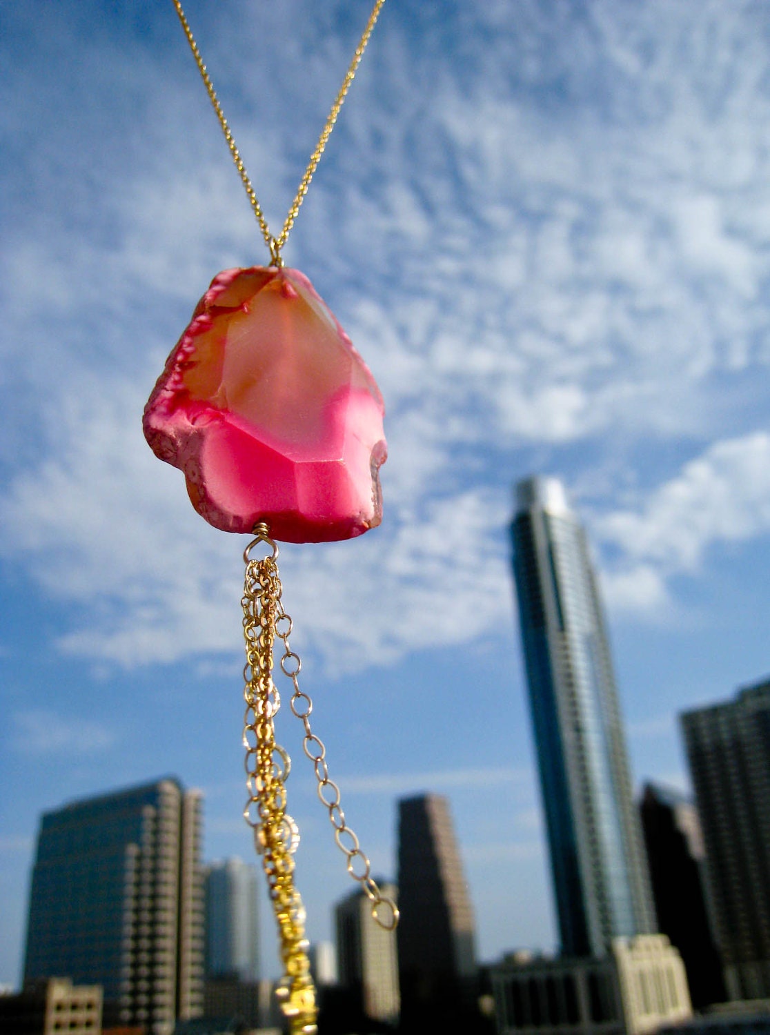 Fuchsia Faceted Agate Necklace with Dangling Chains