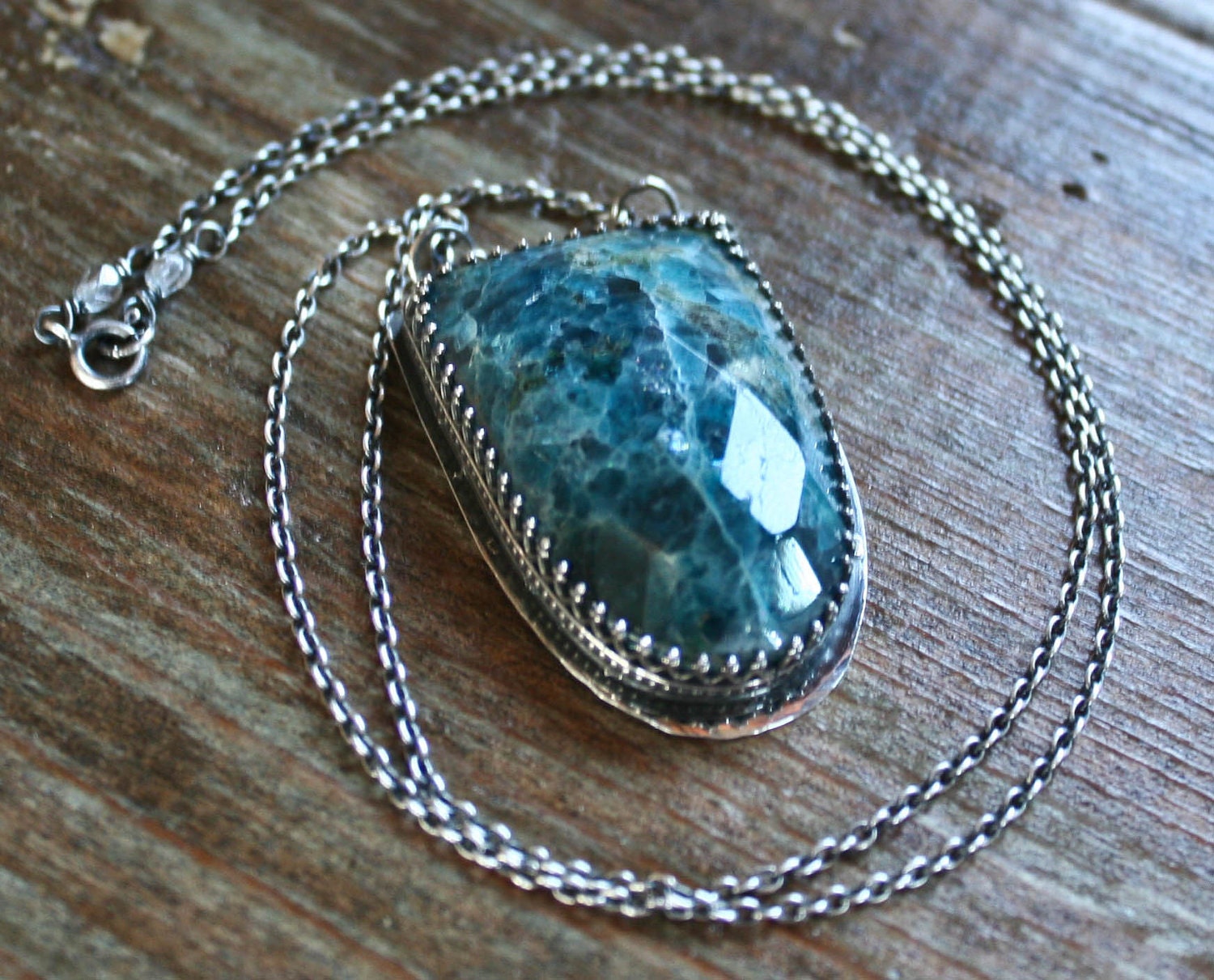 Apatite Gem Necklace in Oxidized Sterling Silver, Bezel Set