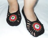 Crocheted Home Slippers - Black Slippers Colorful flowers Shoes Winter Slippers Hand Embroidered Socks Winter Accessory TeamT