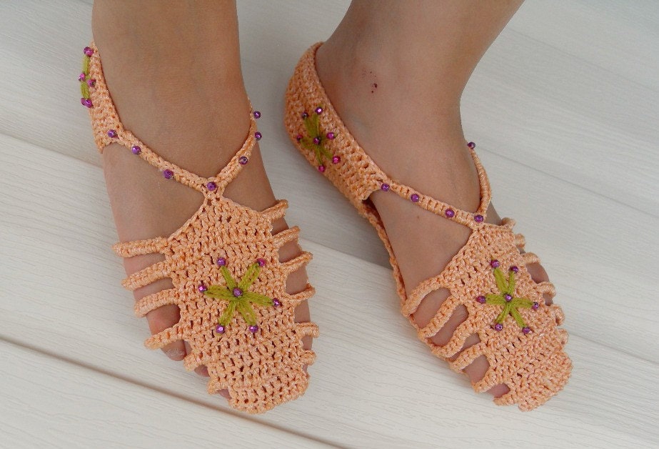 Crocheted Slippers Gladiator Home sandals Mercerized Yarn Salmon Pink,Peach Orange Home Slippers Valentines Day Gift