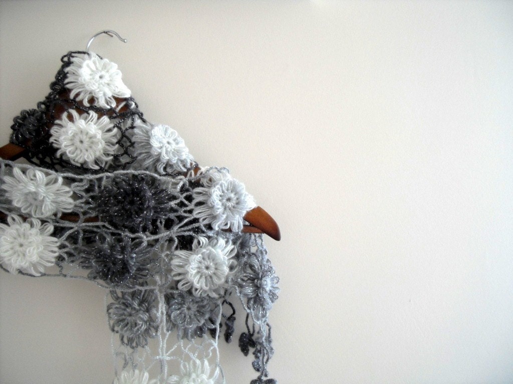Hand Crochet Shawl Multicolor Sparkling Grey Tones Neckwarmer, Smiling Flowers,Variegated Yarn, Gift For Her, Mum,Sisters