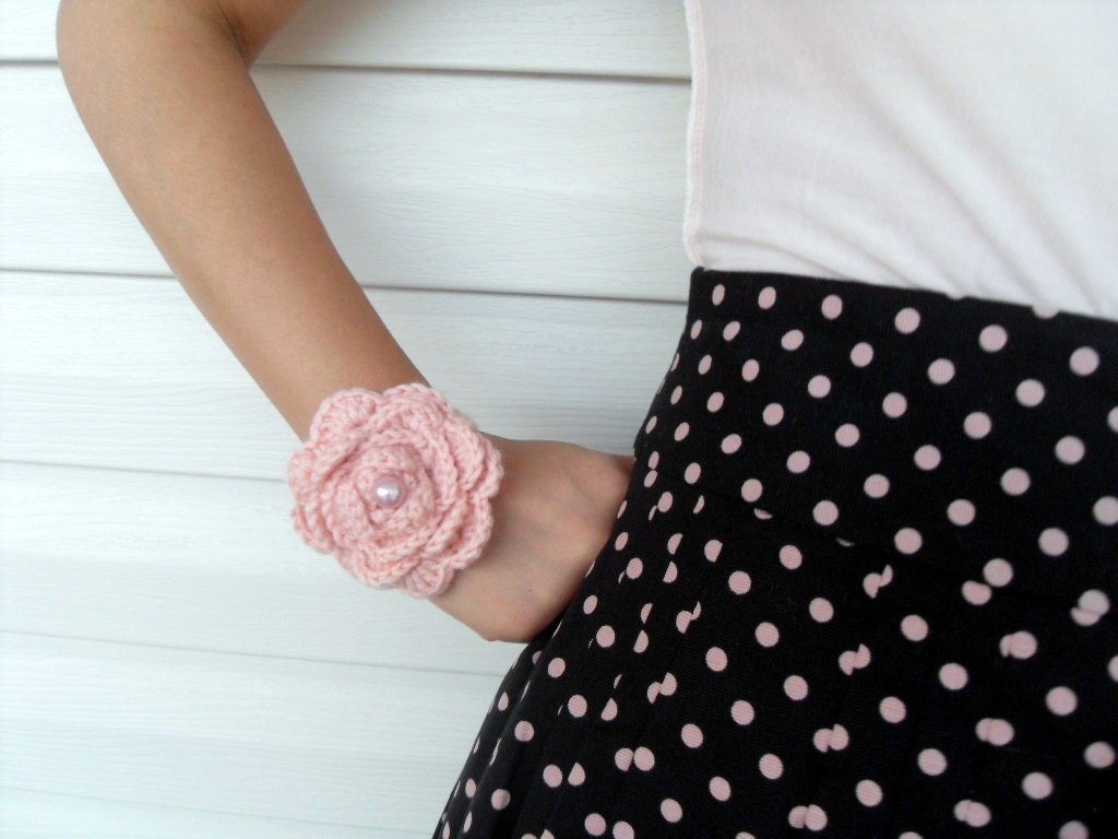 Crocheted Bracelet Dusty Rose Salmon Pink Soft Christmas Gift Polka Dots With Pearl Bead Winter Accessory TeamT