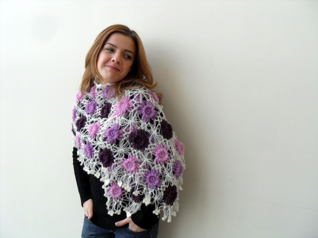 Purple Shawl Crocheted Flowers Amethyst Plum Lilac Lavender Shawl Cream Shawl Mothers Day Gift Spring Fashion