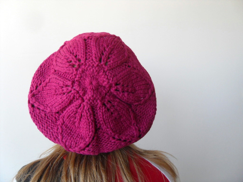 Hand Knitted Hat Raspberry Cherry Slouchy Ribbed Chunky Cute Hat,Beanie,Mesh Beret, Spring Fashion Fuchsia Red Winter Accessory TeamT