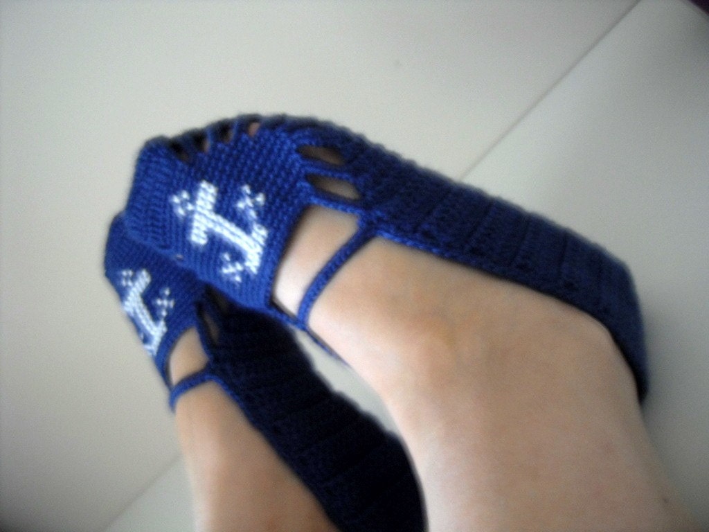 Sailor Home Slippers Anchor Sea - Navy Blue And White Slippers Winter Washion Hand Embroidered Crochet Slippers