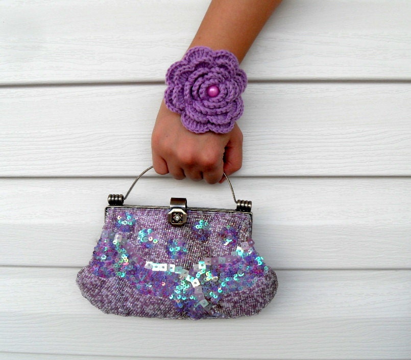 Crocheted Bracelet Lilac Lavender Purple Amethyst Christmas Gift With Pearl Bead Wedding Bag Winter Accessory-TeamT