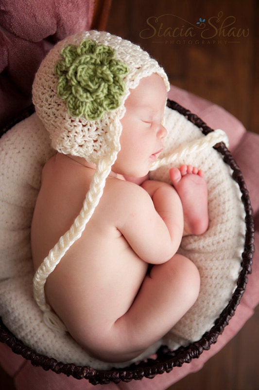 Soft Cream & Avocado Green Earflap Hat, Diaper Cover Set, Carnation Flower, Newborn Baby Photography Prop
