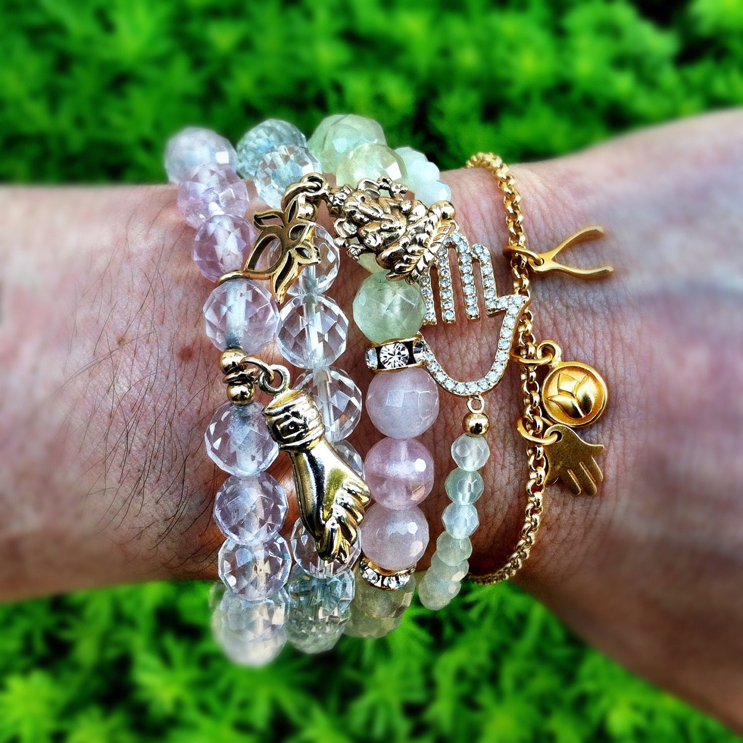 The Journey Bracelet - Dainty Gold Filled Rolo Chain with Gold Vermeil Lotus, Hamsa & Wishbone Chrams