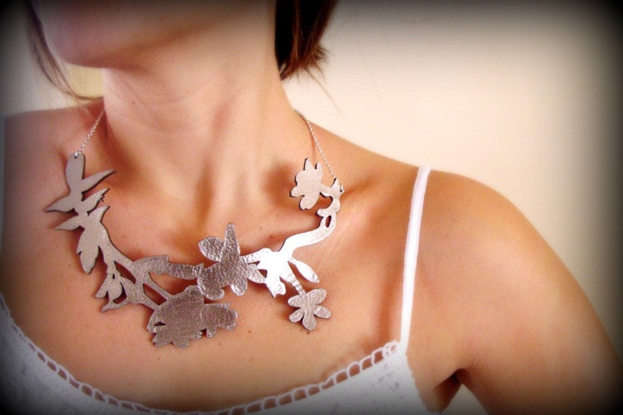 SALE--- Leather Spring Branch Necklace with Silver Chain