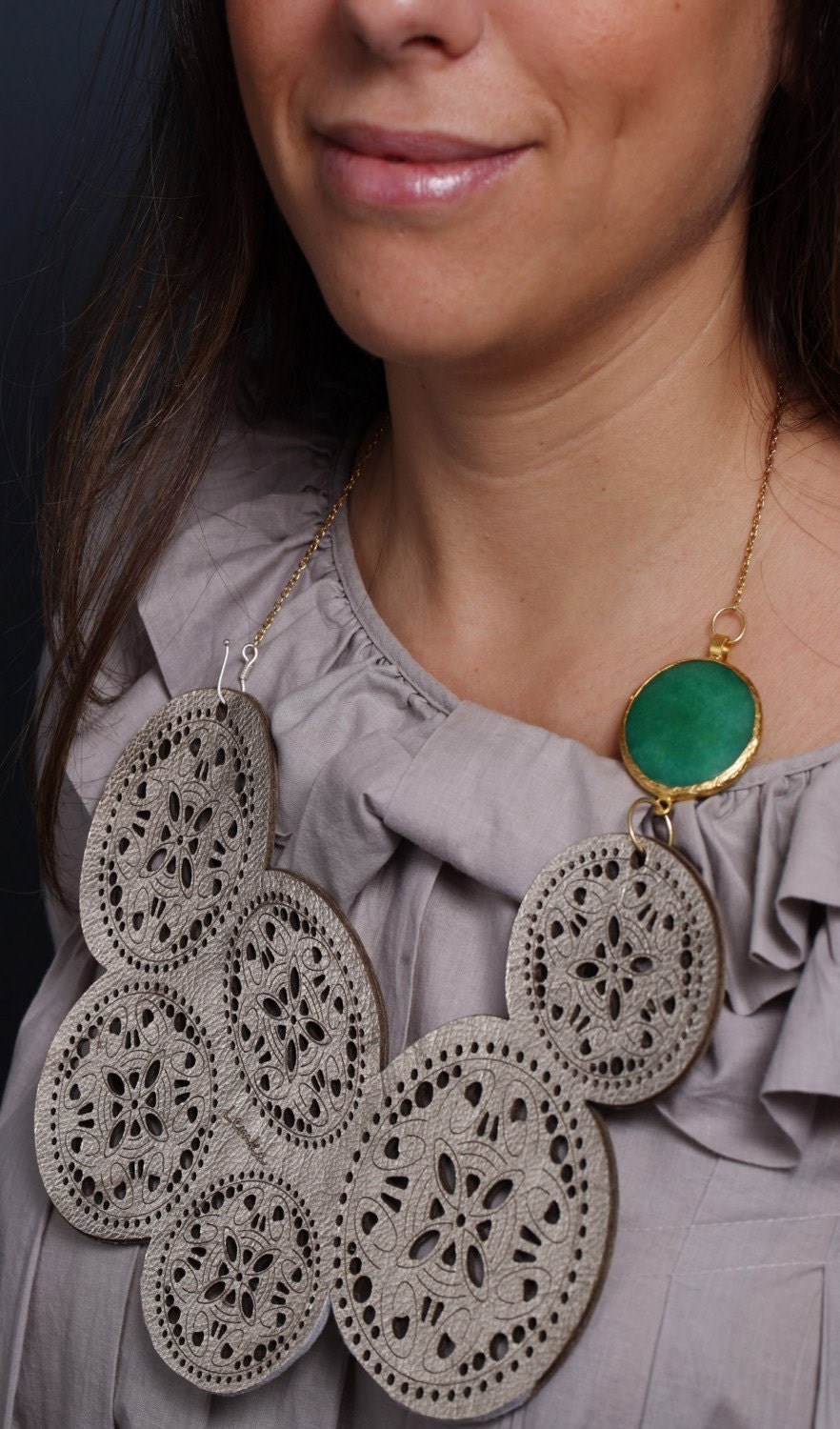 Genuine Leather Necklace With Green Gemstone