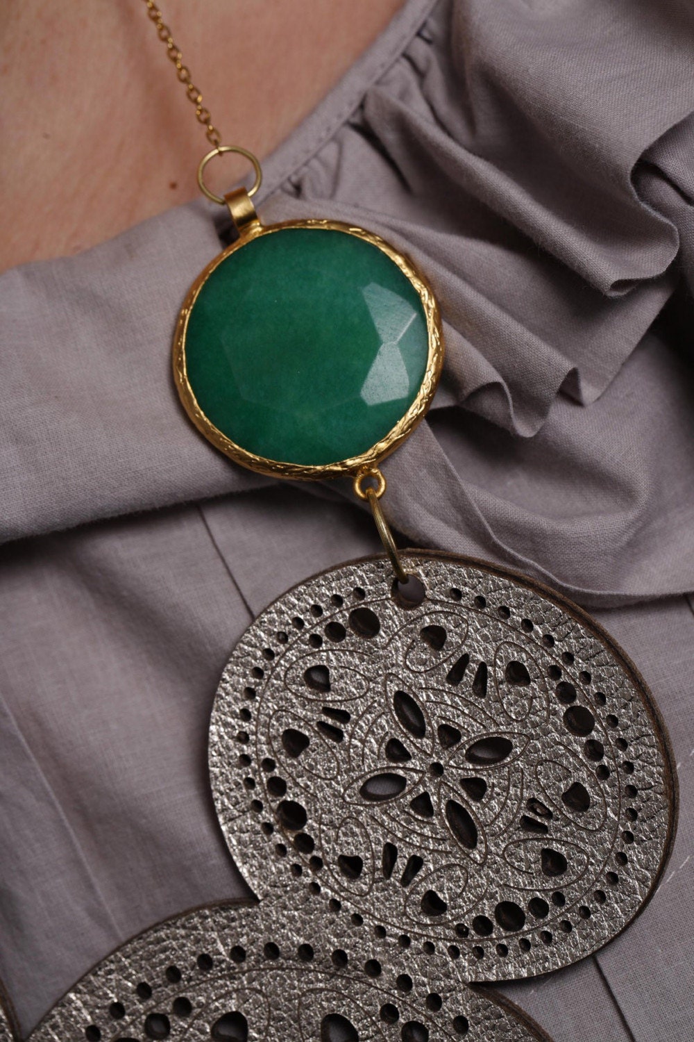 Genuine Leather Necklace With Green Gemstone
