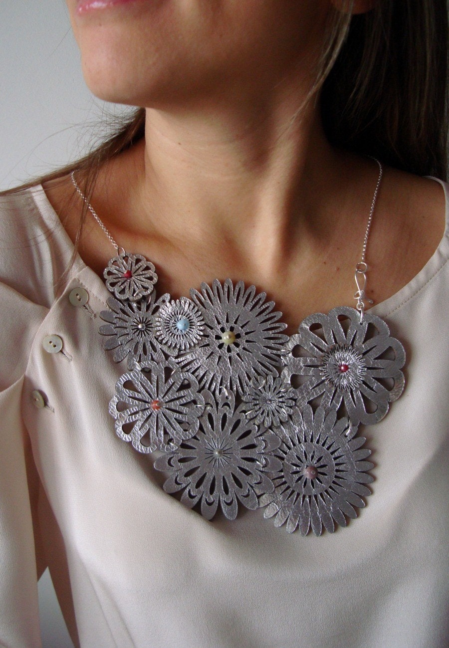 Silver Leather Spring Flowers with Tiny Gems