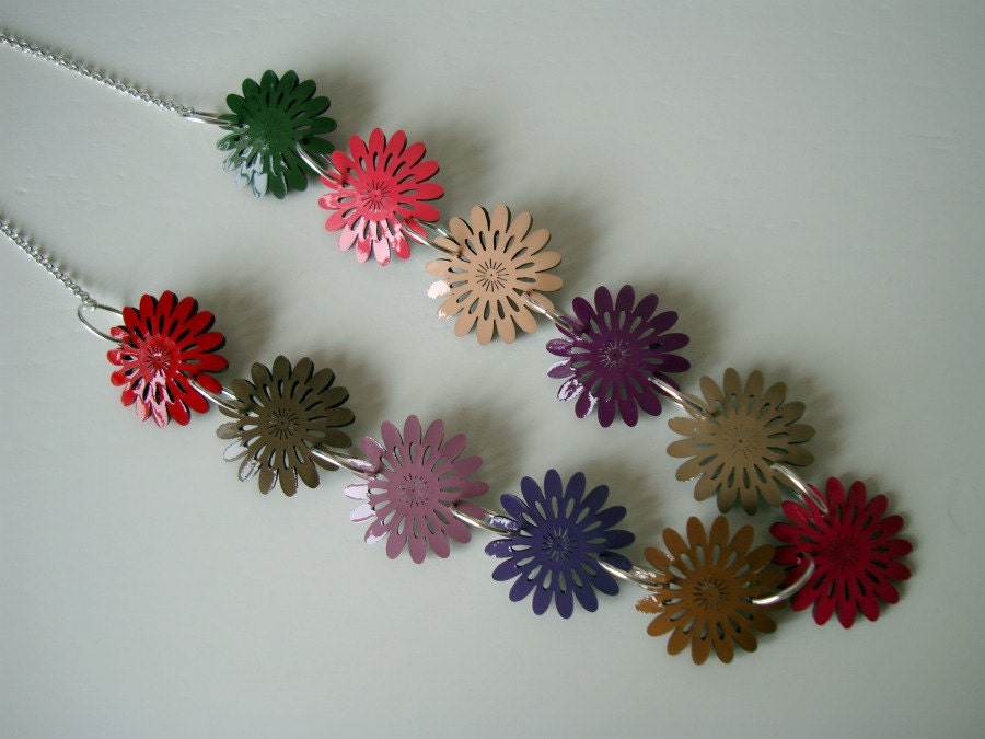 Summer Necklace with Colorful Patent Leather Flowers