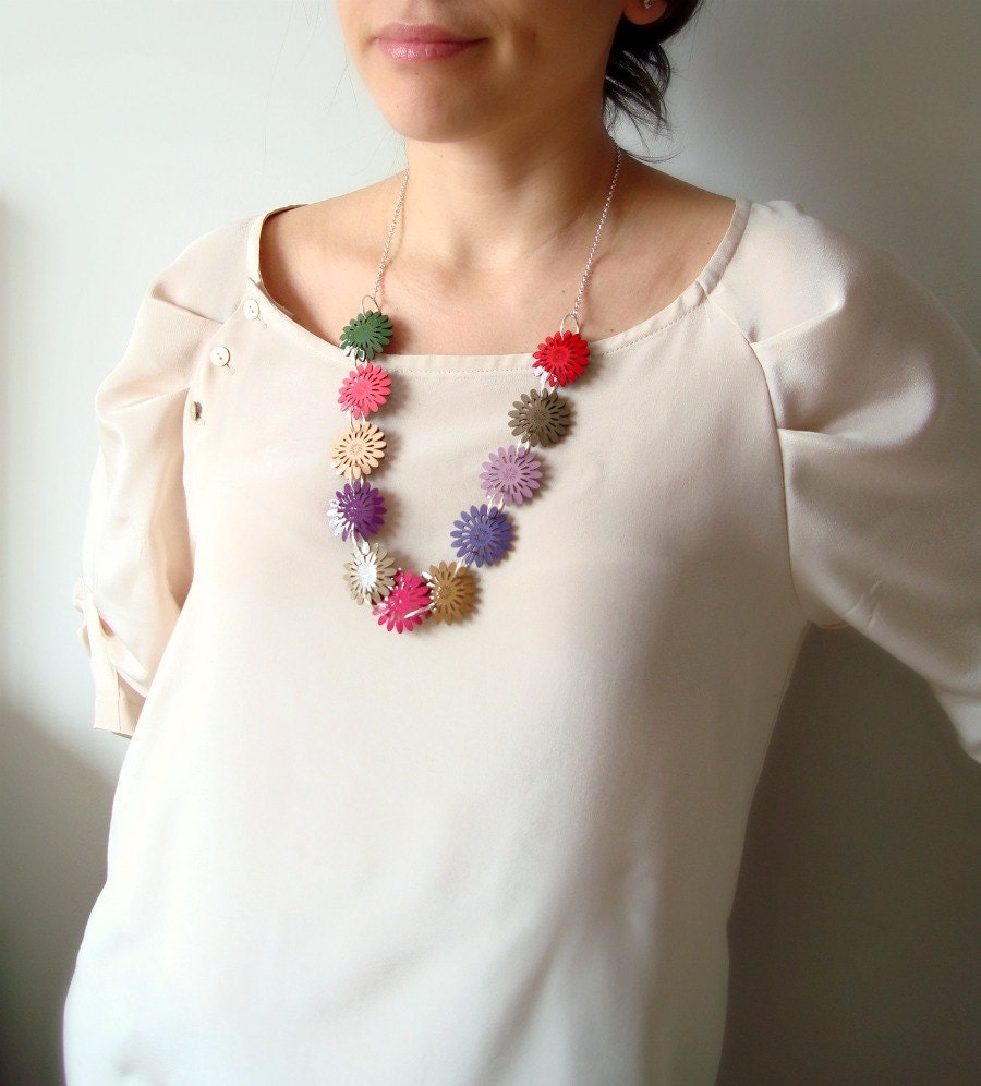 Summer Necklace with Colorful Patent Leather Flowers