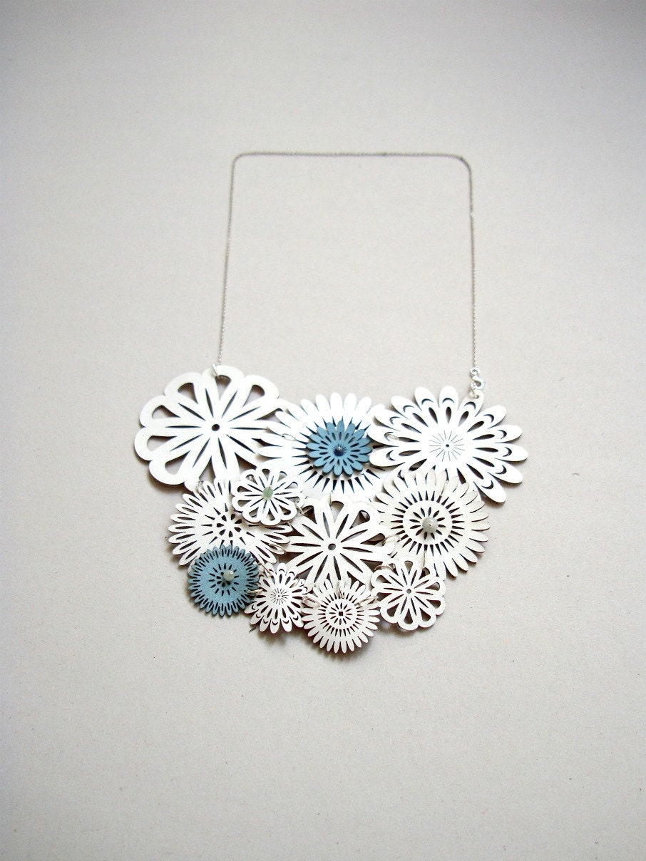 White Leather Spring Blossom Necklace With Tiny Blue Flowers