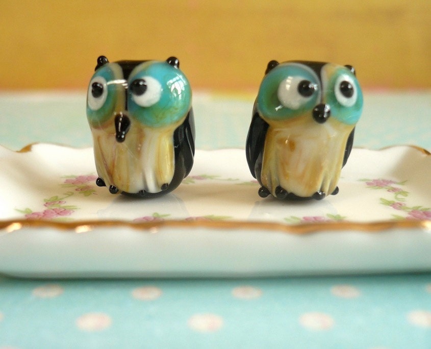 Lampwork Owl Beads, Glass Owl Beads, Owl Beads - 5 pieces