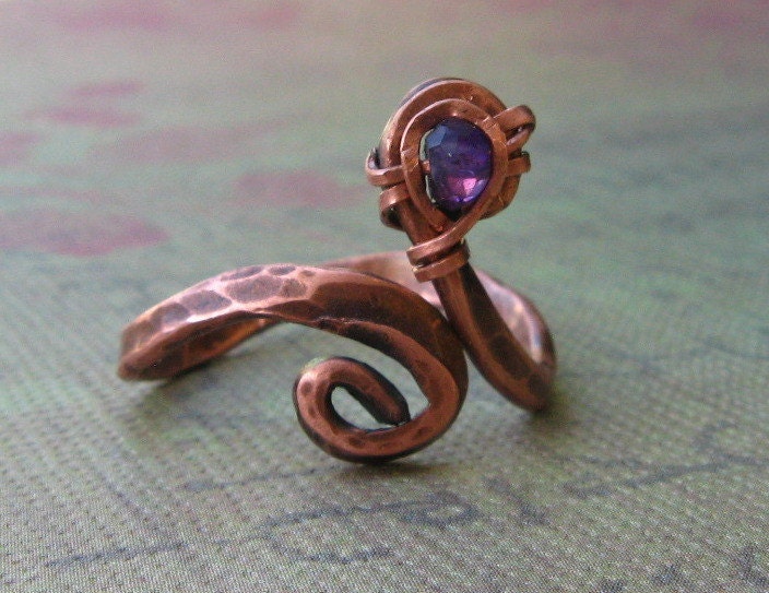 Purple Cobra, Amethyst ring, Adjustable ring, Oxidized hammered copper wire wrap - snake