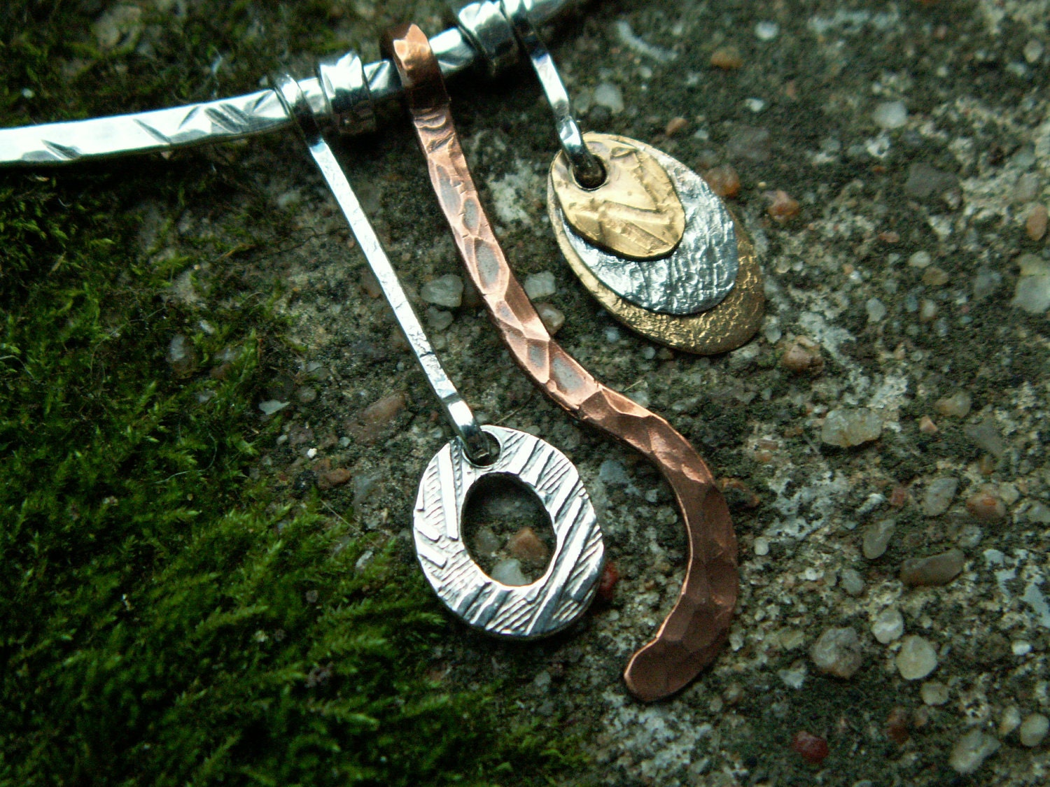 Waterfall Necklace II  -:- SALE  Mixed metal necklace, copper, sterling silver, OK gold. Hand forged, hammered & textured. Modern