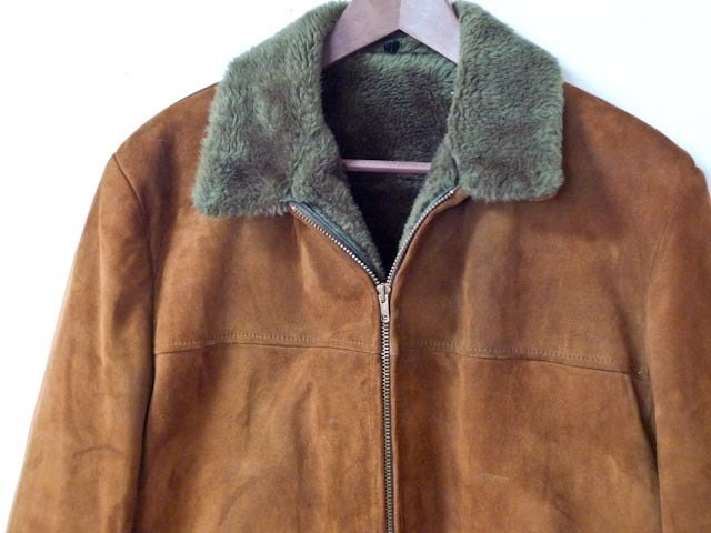 Teak Brown Softest Suede 60s Mens Coat with Olive Green Plush Collar and Lining