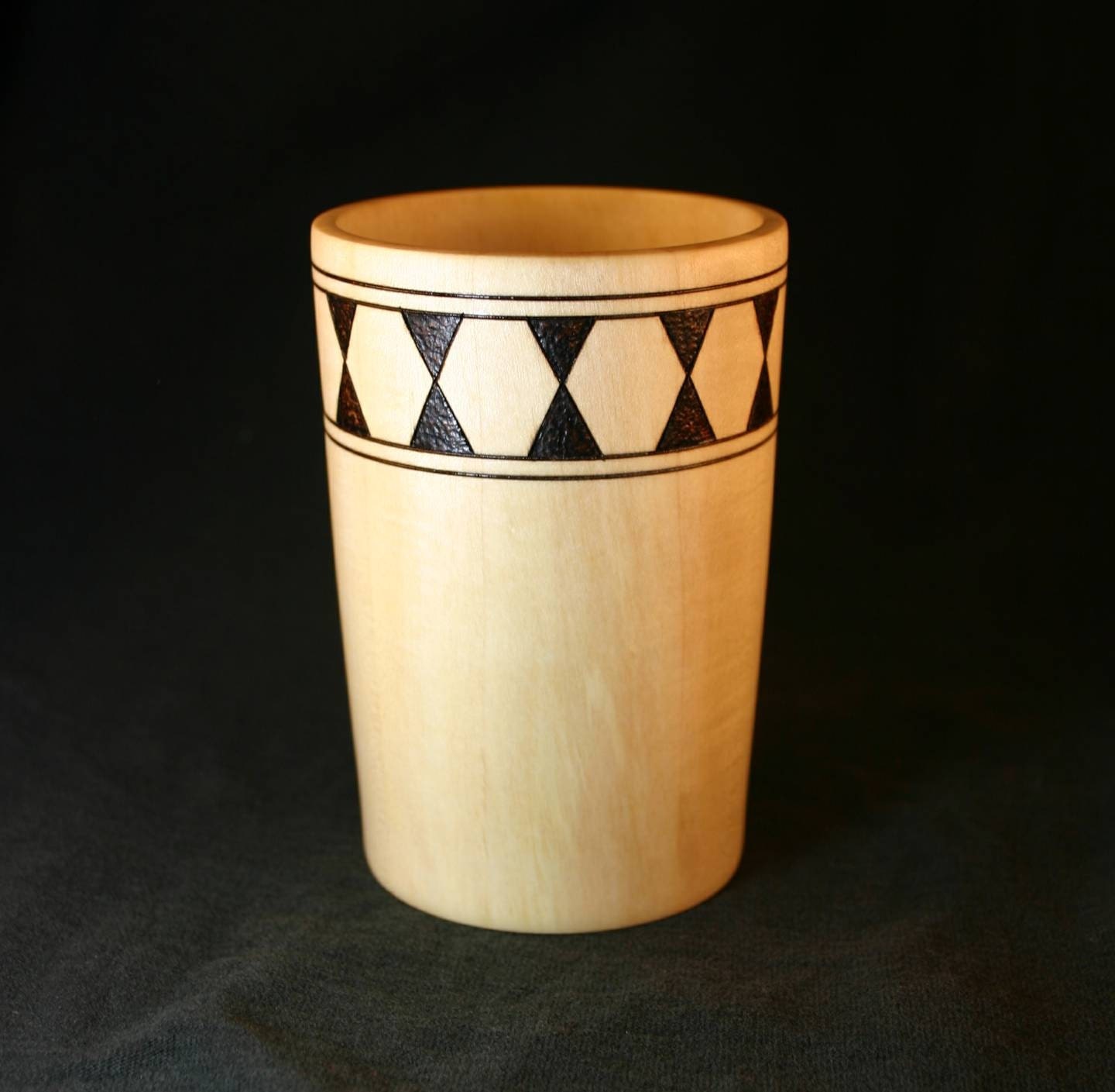 English Walnut Pencil Cup with Woodburned Hourglass Pattern