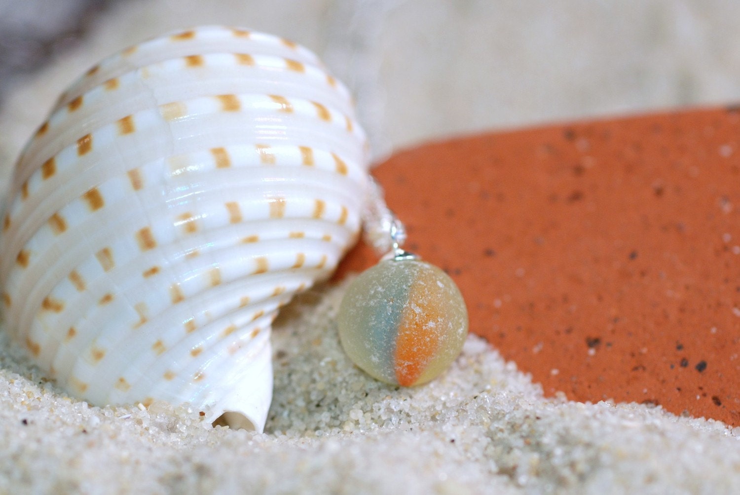 Yellow and Orange Cat Eye Marble Genuine Sea Glass Suspended Pendant 1494