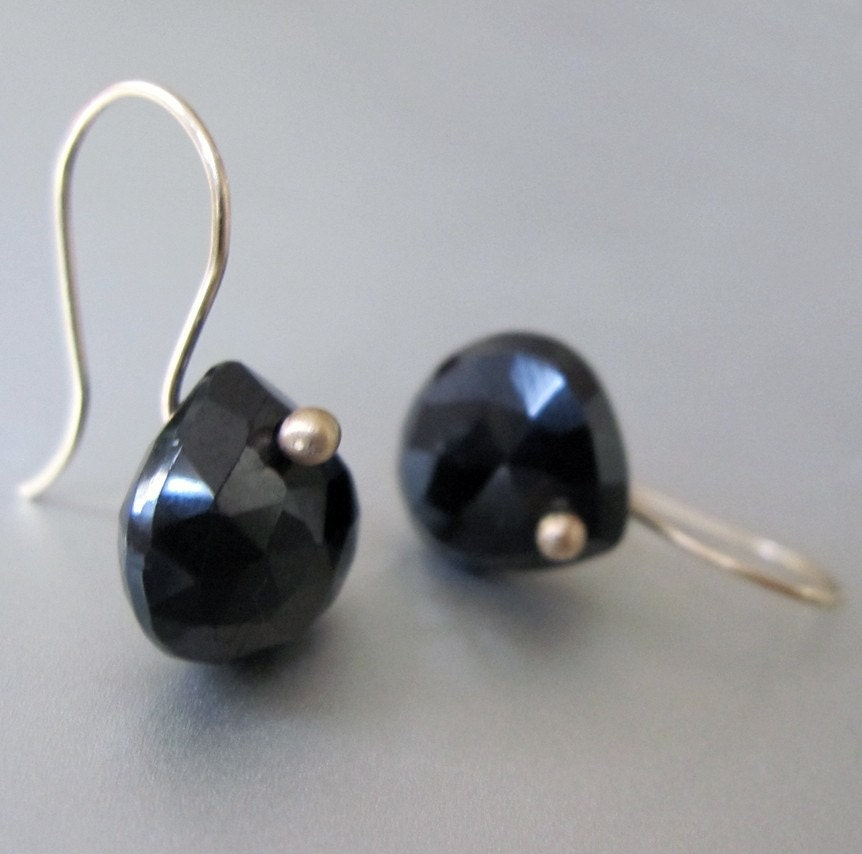 Small Black Tourmaline Drops Solid 14k Yellow Gold Earrings