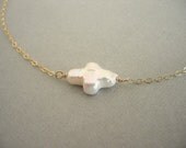 Sideways Cross Necklace, Freshwater Pearl Cross on Gold Chain