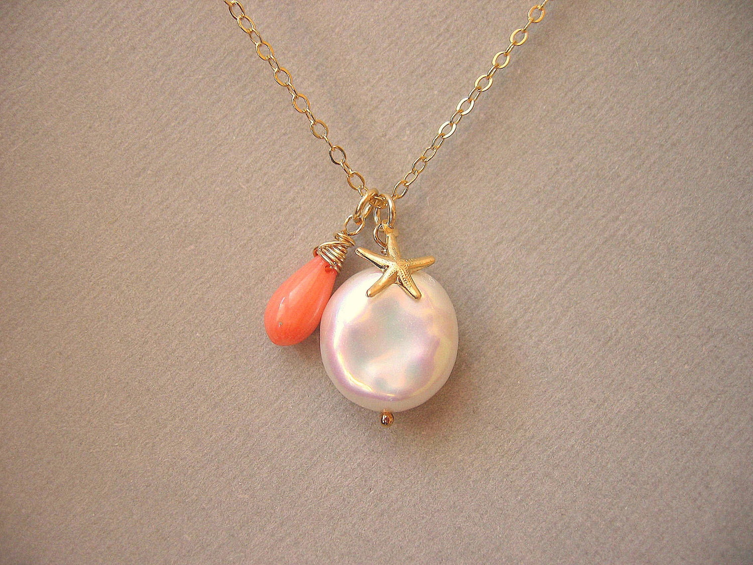 Peach Coral and Coin Pearl Necklace with Starfish, Beach Necklace