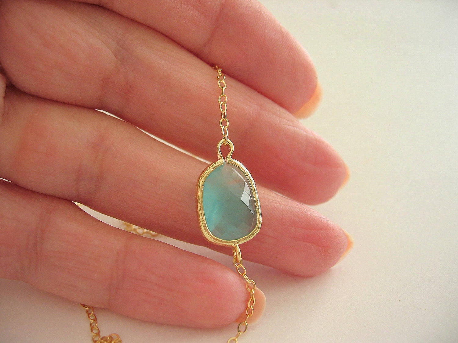 Asymetrical Aqua Necklace,  Gold Necklace