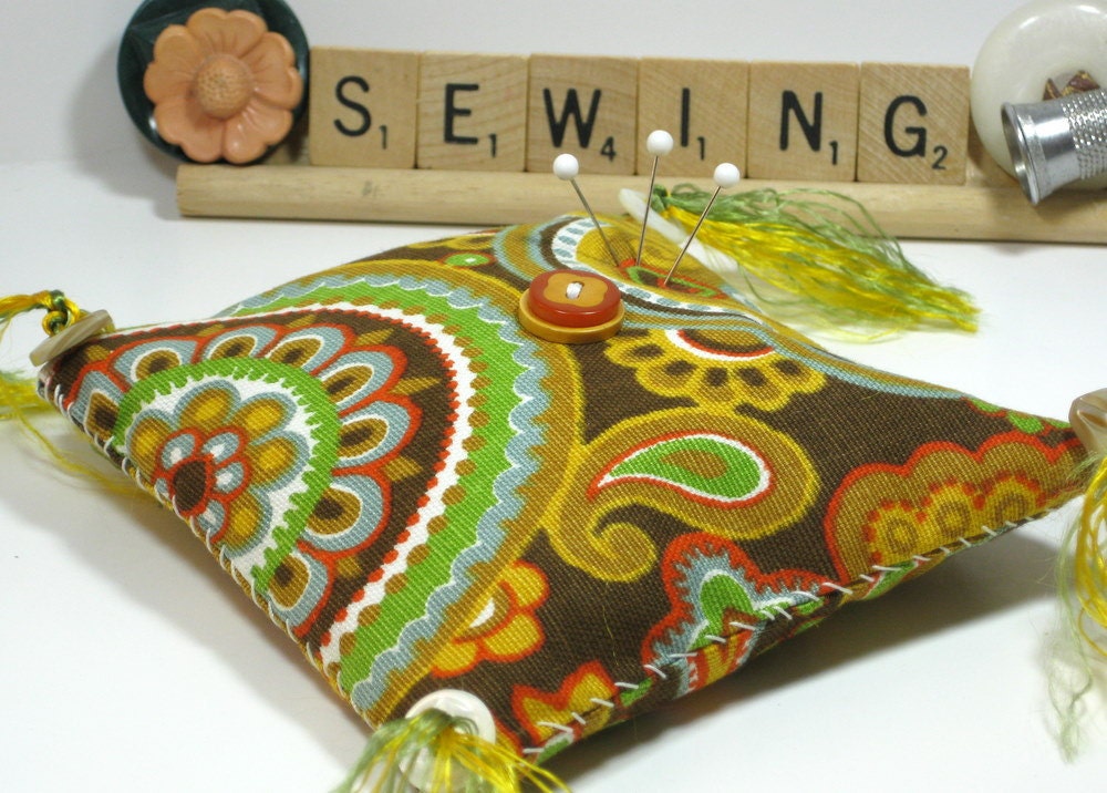 Pasley Pin Cushion made with a 1970s fabric,emery filled pin cushion pillow OOAK repurposed handstitched Pin Cushion