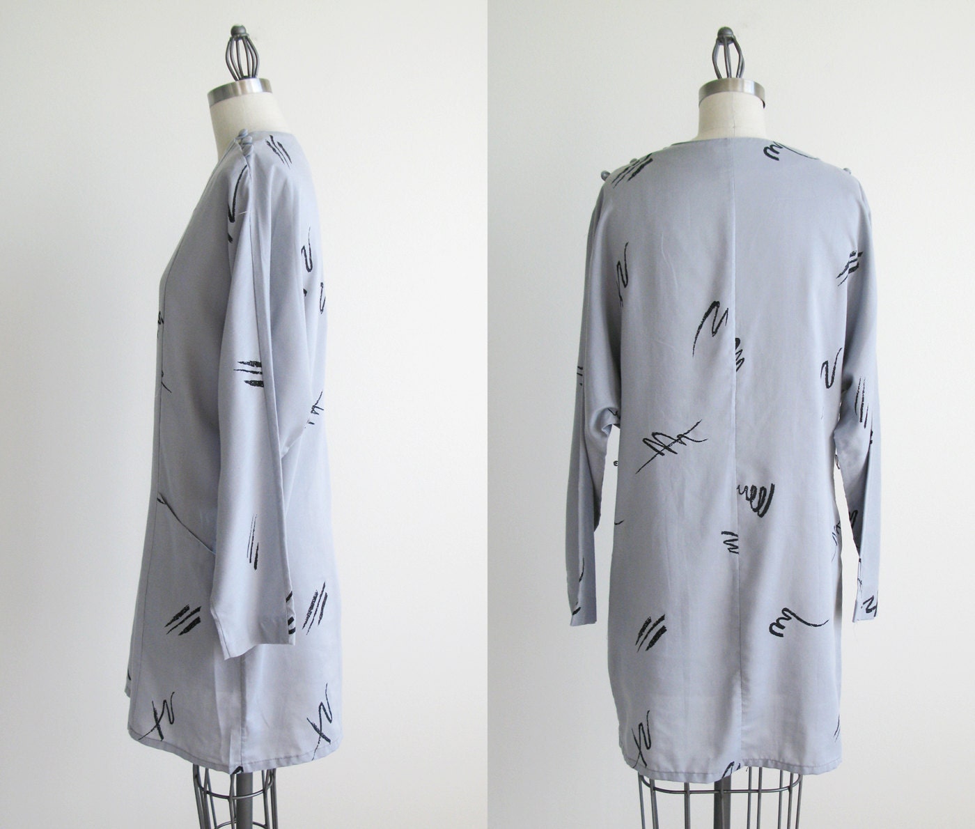 Vintage 1980s grey dress with kimono sleeves.