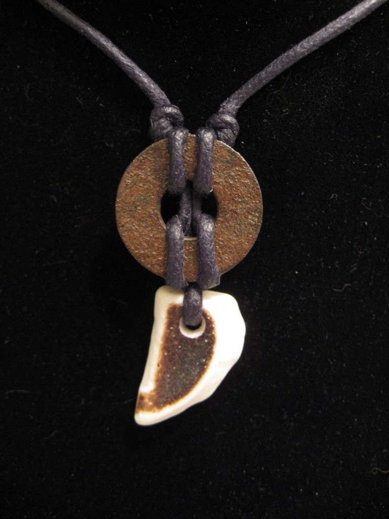 urban artifact necklace - brown and white Lake Michigan beach pottery, rusty washer