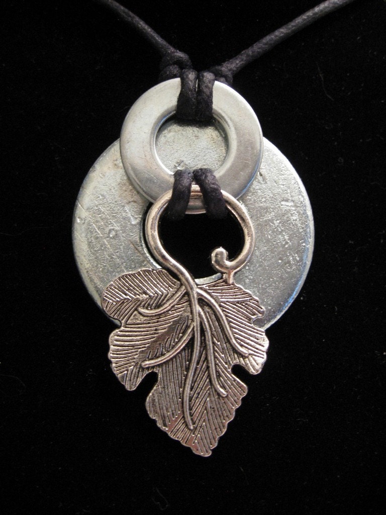 urban artifact necklace - distressed washer, shiny washer, silver leaf jewelry component