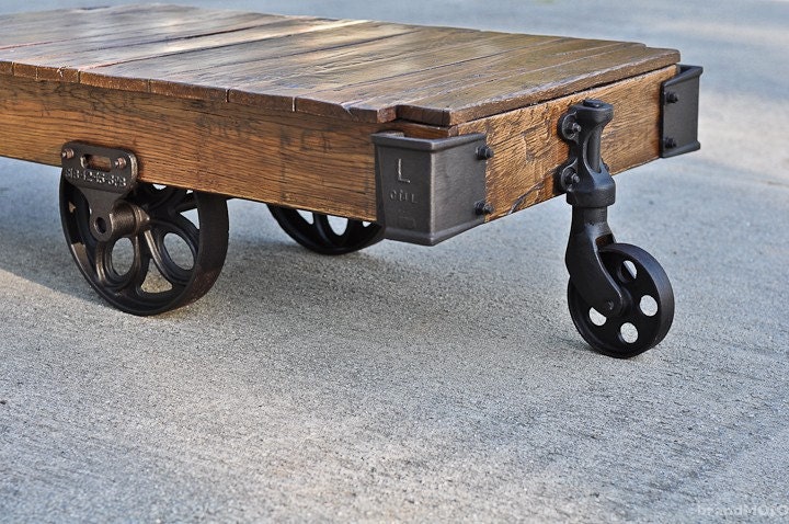 Vintage Industrial Factory Cart Coffee Table - 48L x 27W x 14T - furniture - salvaged - repurposed - weathered - rustic - primitive - wood