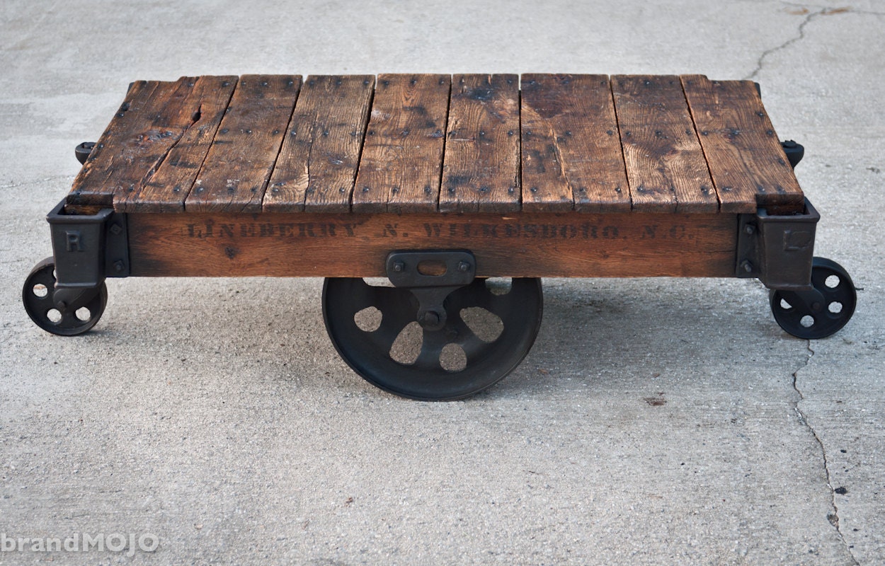 Vintage Industrial Factory Cart Coffee Table - 48L x 27w x 16.5t - very early furniture salvaged repurposed weathered rustic in stock
